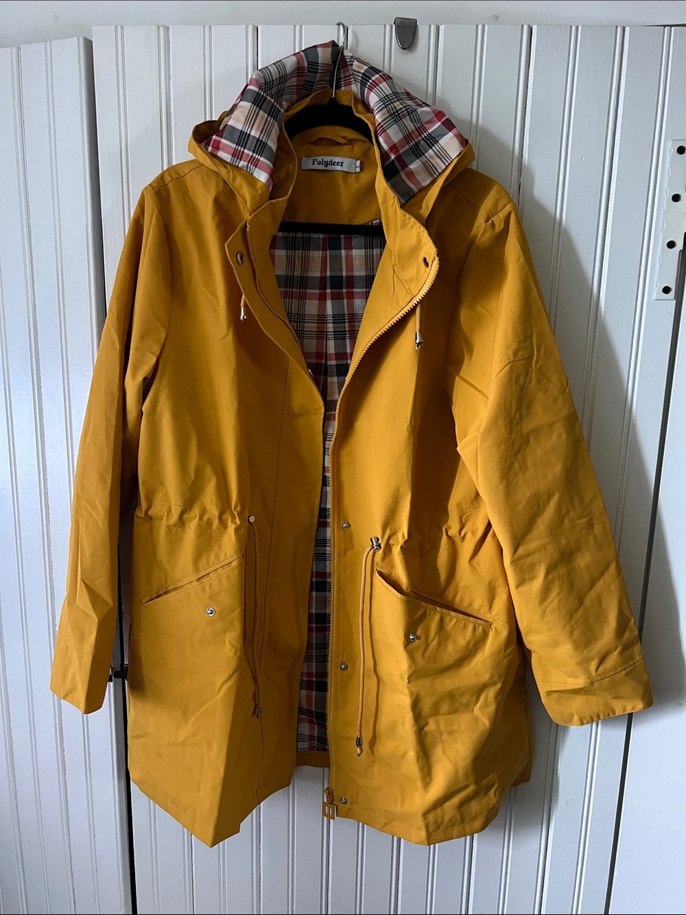Yellow Hooded Raincoat with Plaid Lining by